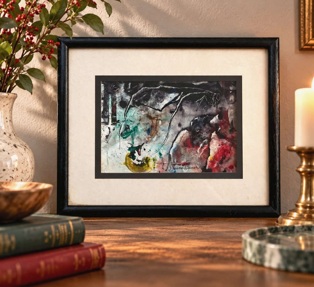 Original Abstract Watercolor Mixed Media Painting Signed June Bauer Framed